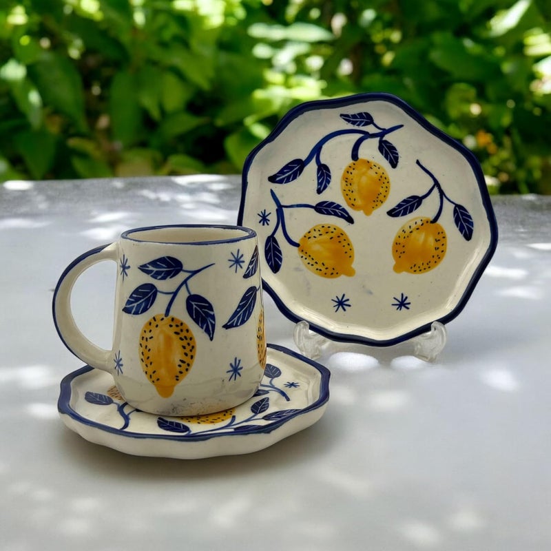 BACKKSPACE RETAIL Backspace Retail Handpainted Mug Plate Set Mug Saucer Dessert Plate Set of 3 45 Inch 55 Inch 65 Inch Lemon Yellow Microwave Dishwasher Safe Office House Warming Gift  - Image 1
