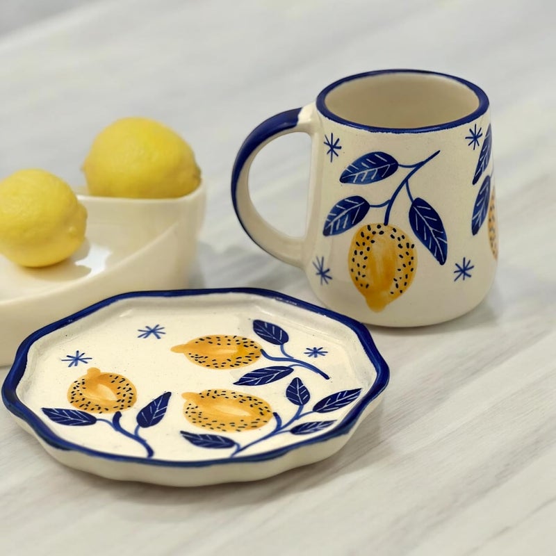 BACKKSPACE RETAIL Backspace Retail Handpainted Mug Plate Set Mug Saucer Dessert Plate Set of 3 45 Inch 55 Inch 65 Inch Lemon Yellow Microwave Dishwasher Safe Office House Warming Gift  - Image 5