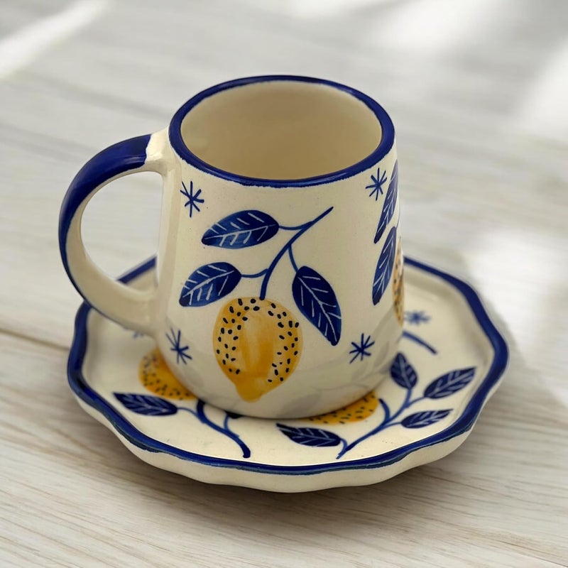 BACKKSPACE RETAIL Backspace Retail Handpainted Mug Plate Set Mug Saucer Dessert Plate Set of 3 45 Inch 55 Inch 65 Inch Lemon Yellow Microwave Dishwasher Safe Office House Warming Gift  - Image 4
