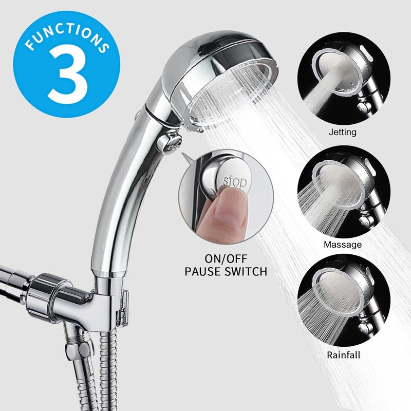 KAIYING Chrome High Pressure Handheld Shower Head with ON/OFF Pause Switch, 3 Spray Modes Shower Wand with Shut Off Button, Removable Camper Shower Head with Hose and Adjustable Angle Bracket - Image 2