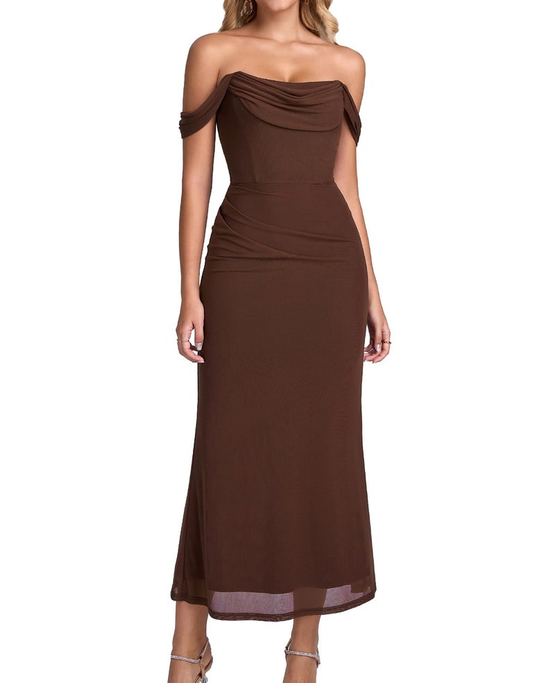 GLNEGE Womens Off the Shoulder Corset Formal Wedding Guest Maxi Dress Ruched Bodycon Long Cocktail Dresses Brown - Image 1