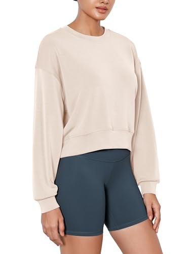 ODODOS Modal Soft Long Sleeve Cropped Sweatshirts for Women Oversized Crew Neck Pullover Crop Top, Beige, Small - Image 1