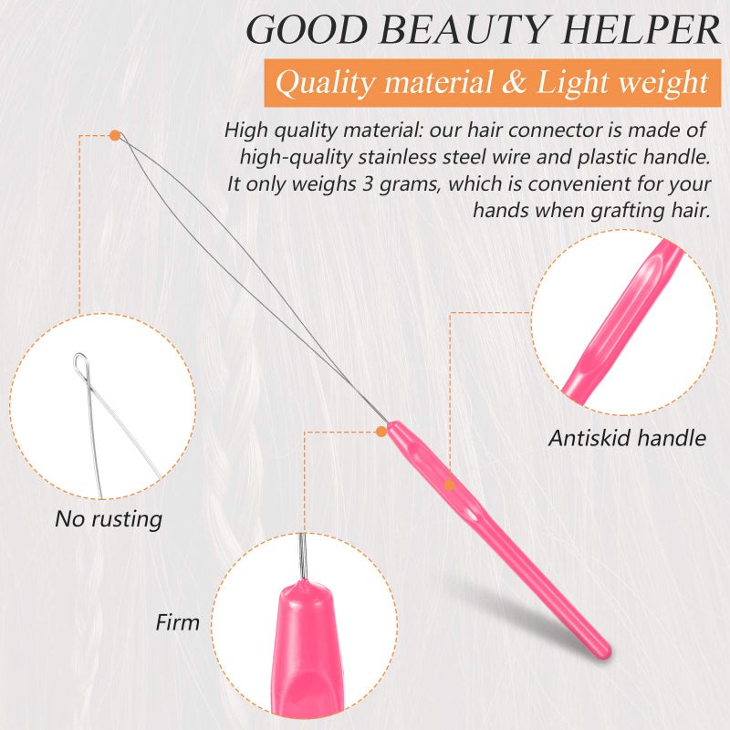Chuangdi 20 Pieces Hair Extension Loop Needle Threader Pulling Hook Needle Bead Device for Hair or Feather Extensions Supplies, DIY Hook Tool Loop Tools(Pink) - Image 2