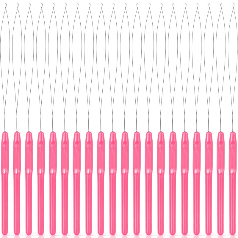 Chuangdi 20 Pieces Hair Extension Loop Needle Threader Pulling Hook Needle Bead Device for Hair or Feather Extensions Supplies, DIY Hook Tool Loop Tools(Pink) - Image 1