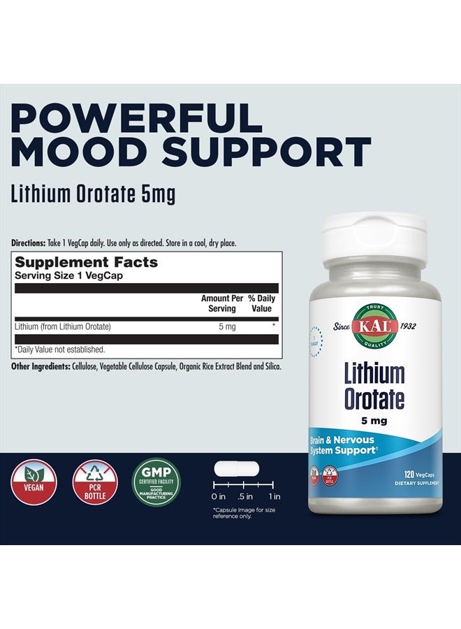 KAL Lithium Orotate 5 milligrams | Low Serving Of Chelated Lithium Orotate For Bioavailability and Mood Support | In Organic Rice Bran Extract Base | 120 VegCaps  - Image 2