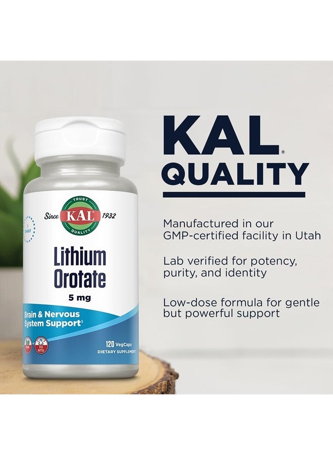 KAL Lithium Orotate 5 milligrams | Low Serving Of Chelated Lithium Orotate For Bioavailability and Mood Support | In Organic Rice Bran Extract Base | 120 VegCaps  - Image 4