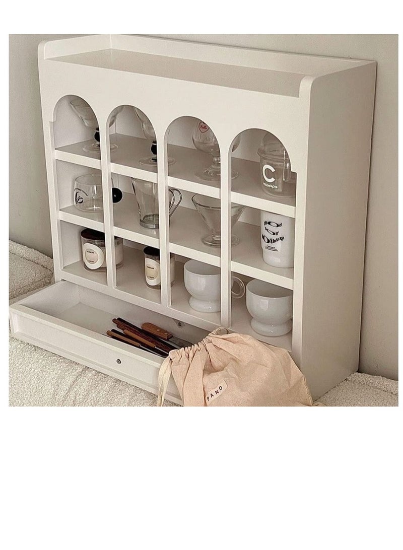 eBasket Cup Storage Unit with Drawer - Mossy wood unit with Duco acrylic paint for stylish organization of cups and jars. Gives a coordinated look and saves storage space. Size (60*60*5cm) (White) - Image 3