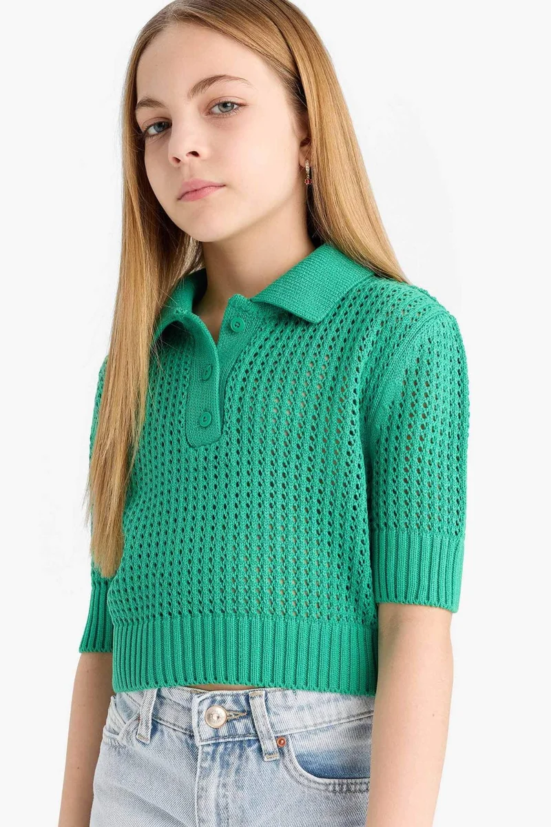ديفاكتو Girl Cropped Fit Polo Neck Pullover