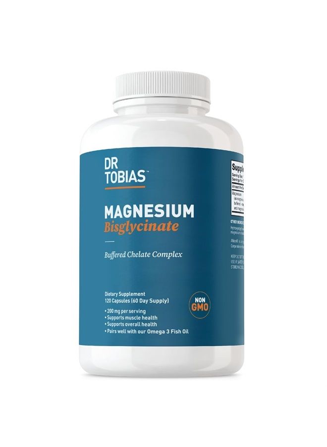 Dr. Tobias Dr Tobias Magnesium Bisglycinate, High Absorption Magnesium Buffered Chelate Complex, 200 mg per Capsule, Supports Energy, Muscle, Bone & Joint Health, Non-GMO Magnesium Supplement, 120 Capsules - Image 1