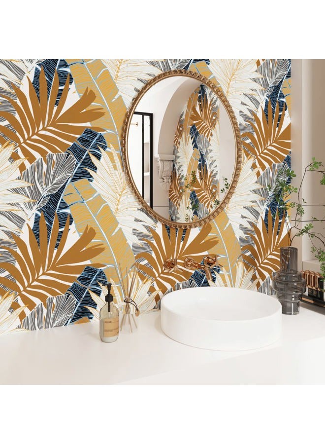 Wallercity Tropical Botanical Leaf Wallpaper Brown Plant Floral Wallpapers for Living Room Bedroom Peel and Stick Wallpaper 17.5" x78.7" Blue Gray Leaves Contact Paper Self Adhesive Vinyl Wallpaper - Image 2
