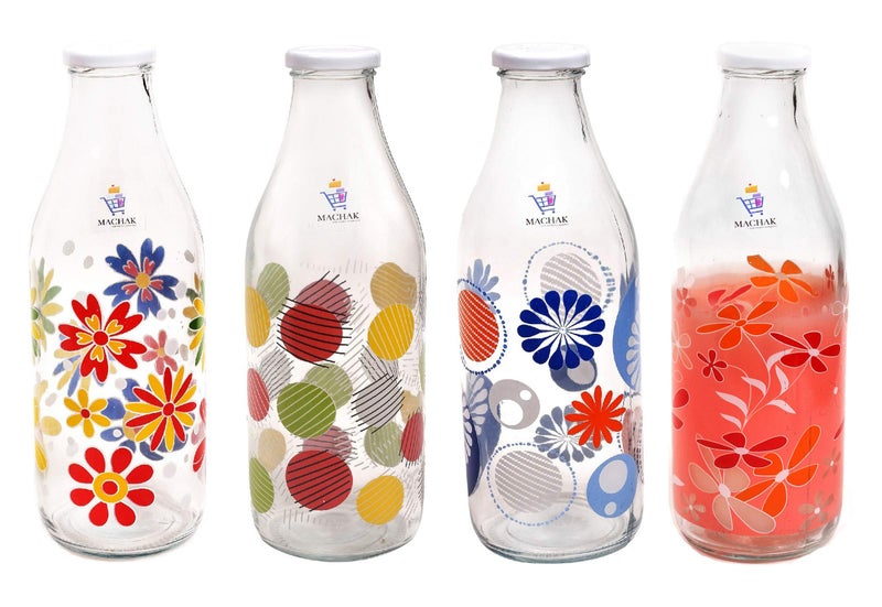 Machak Decal Glass Water Bottle For Fridge 1 litre, Assorted (4) - Image 1