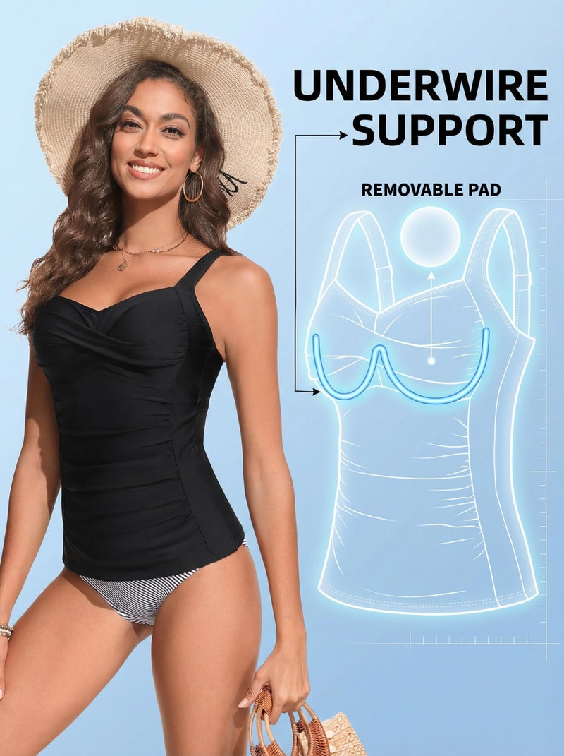 Daci Black Underwire Tankini Tops for Women - Tummy Control Swim Top Only 2025 Twist Front Bathing Suit Top No Bottom L - Image 4