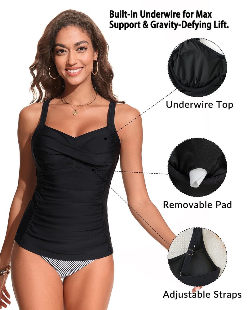 Daci Black Underwire Tankini Tops for Women - Tummy Control Swim Top Only 2025 Twist Front Bathing Suit Top No Bottom L - Image 3