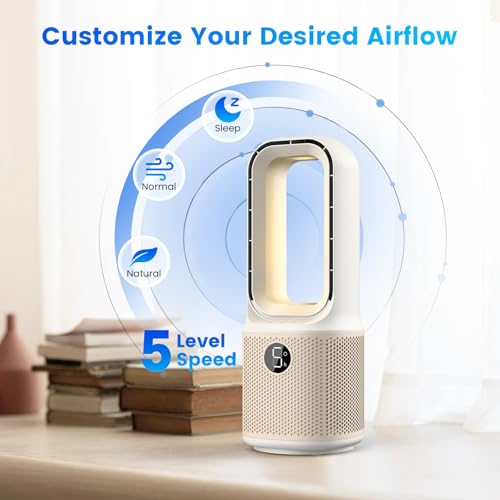 Misby Desk Fans Small Quiet, 13 Inch Bladeless Table Fan, 5 Speeds for Powerful Airflow, 70° Oscillating Fan with Night Light and Timer, Desktop Cooling Fan for Bedroom, Office, Nightstand - Image 2
