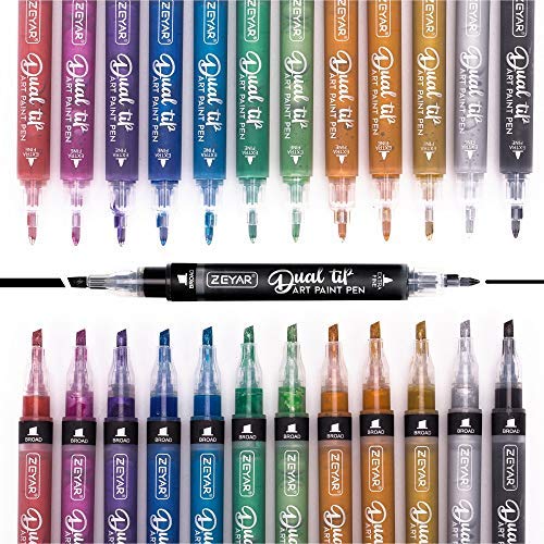 ZEYAR Dual Tip Acrylic Paint Pens 12 Metallic Colors, Chisel and Extra Fine Point Tips, Patented product, Water Based Acrylic & Waterproof Ink (12 Metallic Colors) - Image 1