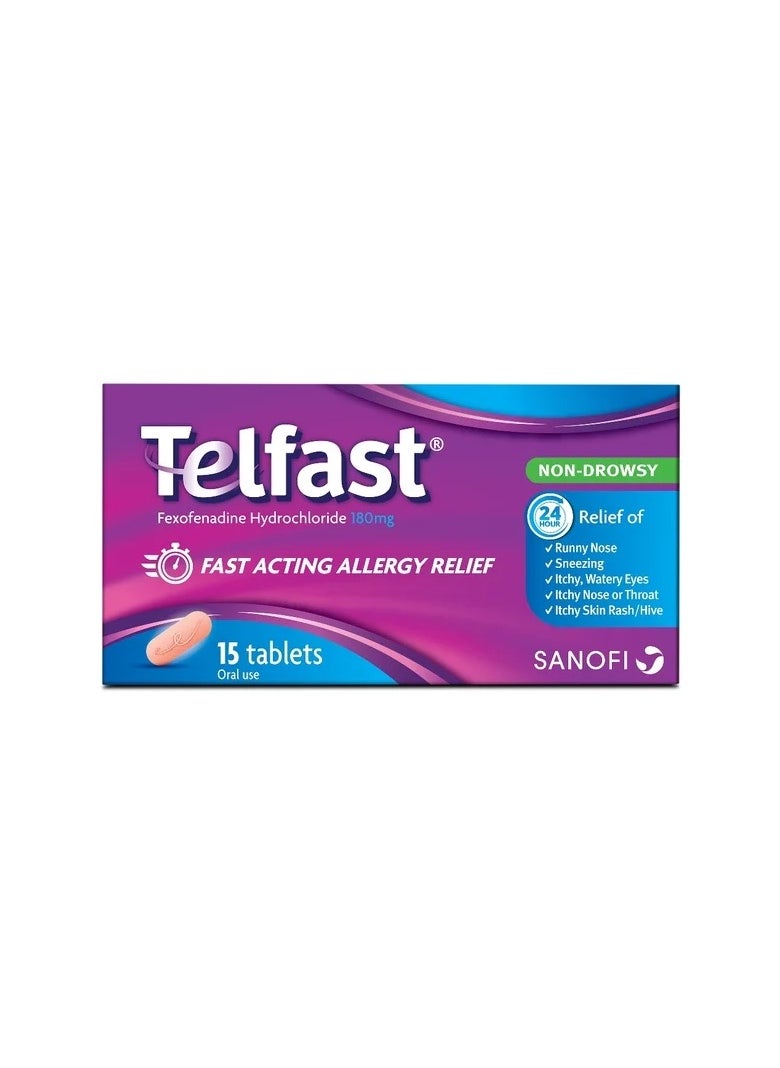 TELFAST Tel-Fast 180 mg | 15 Tablets | Non-Drowsy Allergy Relief | Fexofenadine Hydrochloride | Fast-Acting Antihistamine 