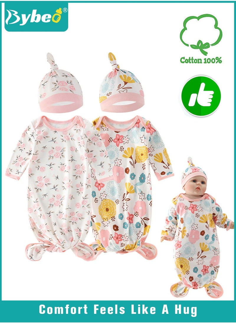 Bybeo 2PCS Newborn Knotted Gown with Hat Set, Newborn Nightgowns, Baby Swaddle Blanket, Newborn Wrap Cap Set, Infant Adjustable Sleep Sack, 100% Cotton Breathable and Skin-Friendly for 0-4 Months  - Image 1