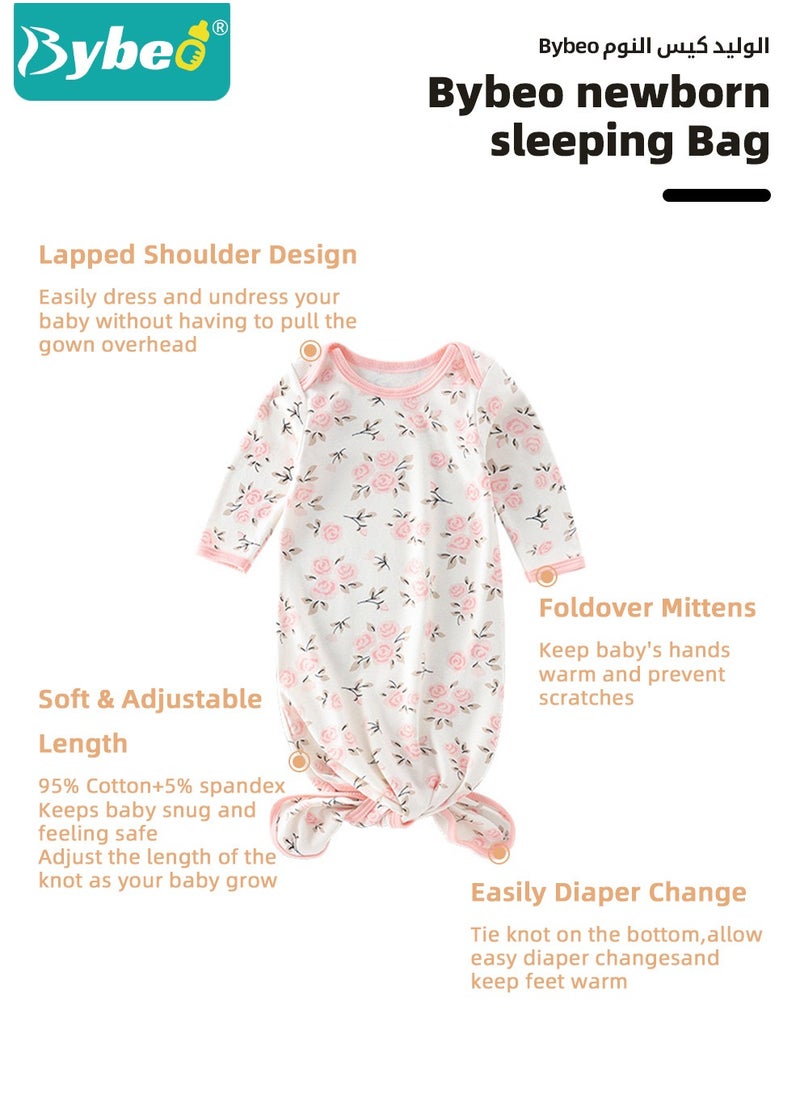 Bybeo 2PCS Newborn Knotted Gown with Hat Set, Newborn Nightgowns, Baby Swaddle Blanket, Newborn Wrap Cap Set, Infant Adjustable Sleep Sack, 100% Cotton Breathable and Skin-Friendly for 0-4 Months  - Image 2