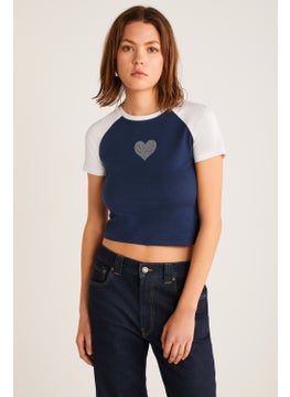 GRIMELANGE Vane Women's Cotton Short Sleeve Printed Crop Navy/white T-Shirt  - Image 1