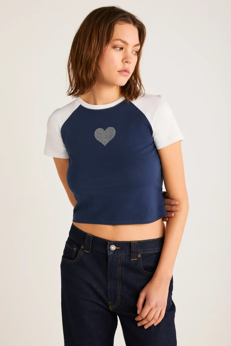 GRIMELANGE Vane Women's Cotton Short Sleeve Printed Crop Navy/white T-Shirt