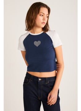 GRIMELANGE Vane Women's Cotton Short Sleeve Printed Crop Navy/white T-Shirt  - Image 3