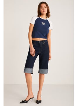 GRIMELANGE Vane Women's Cotton Short Sleeve Printed Crop Navy/white T-Shirt  - Image 2