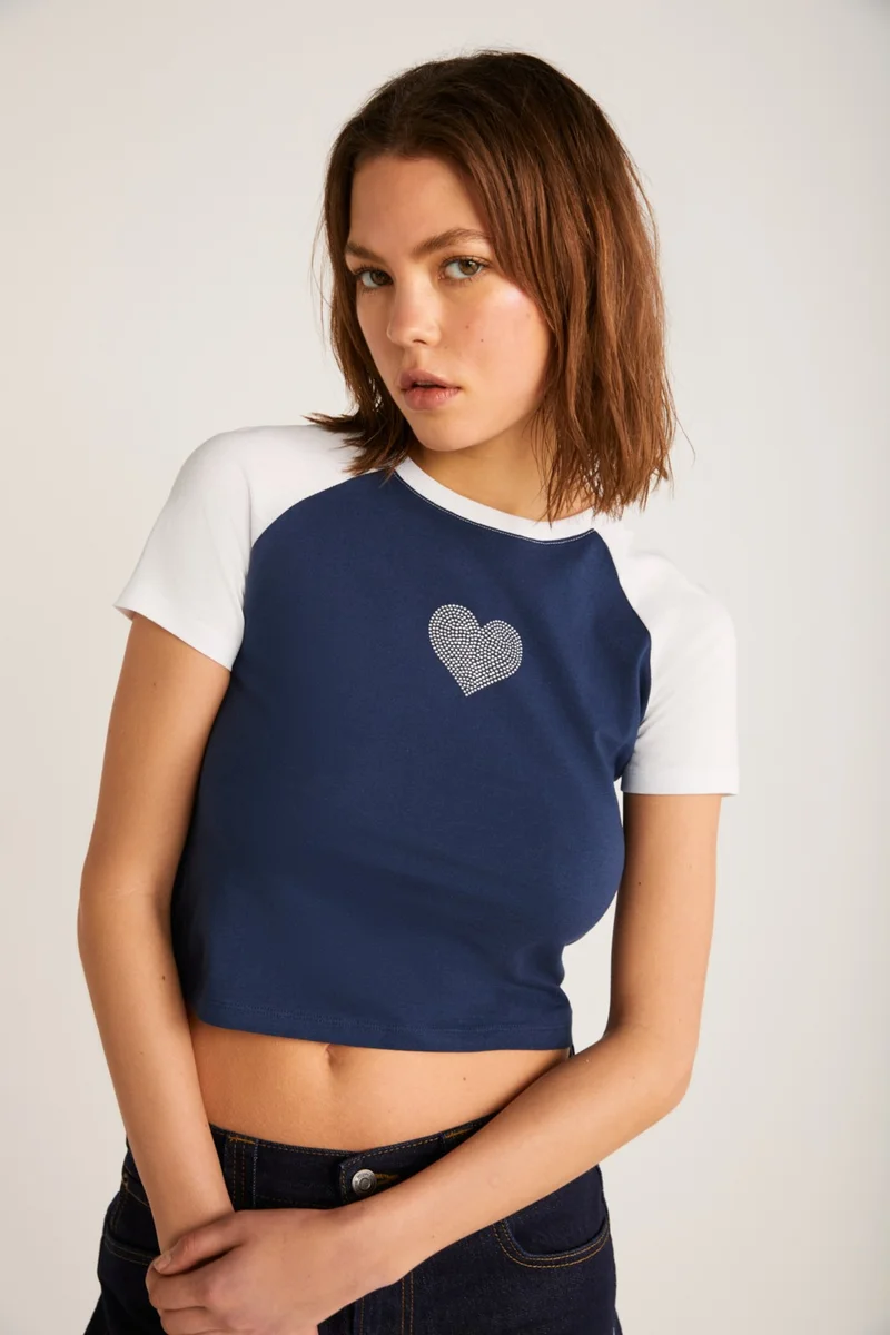 GRIMELANGE Vane Women's Cotton Short Sleeve Printed Crop Navy/white T-Shirt