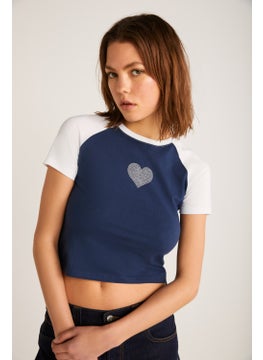GRIMELANGE Vane Women's Cotton Short Sleeve Printed Crop Navy/white T-Shirt  - Image 5