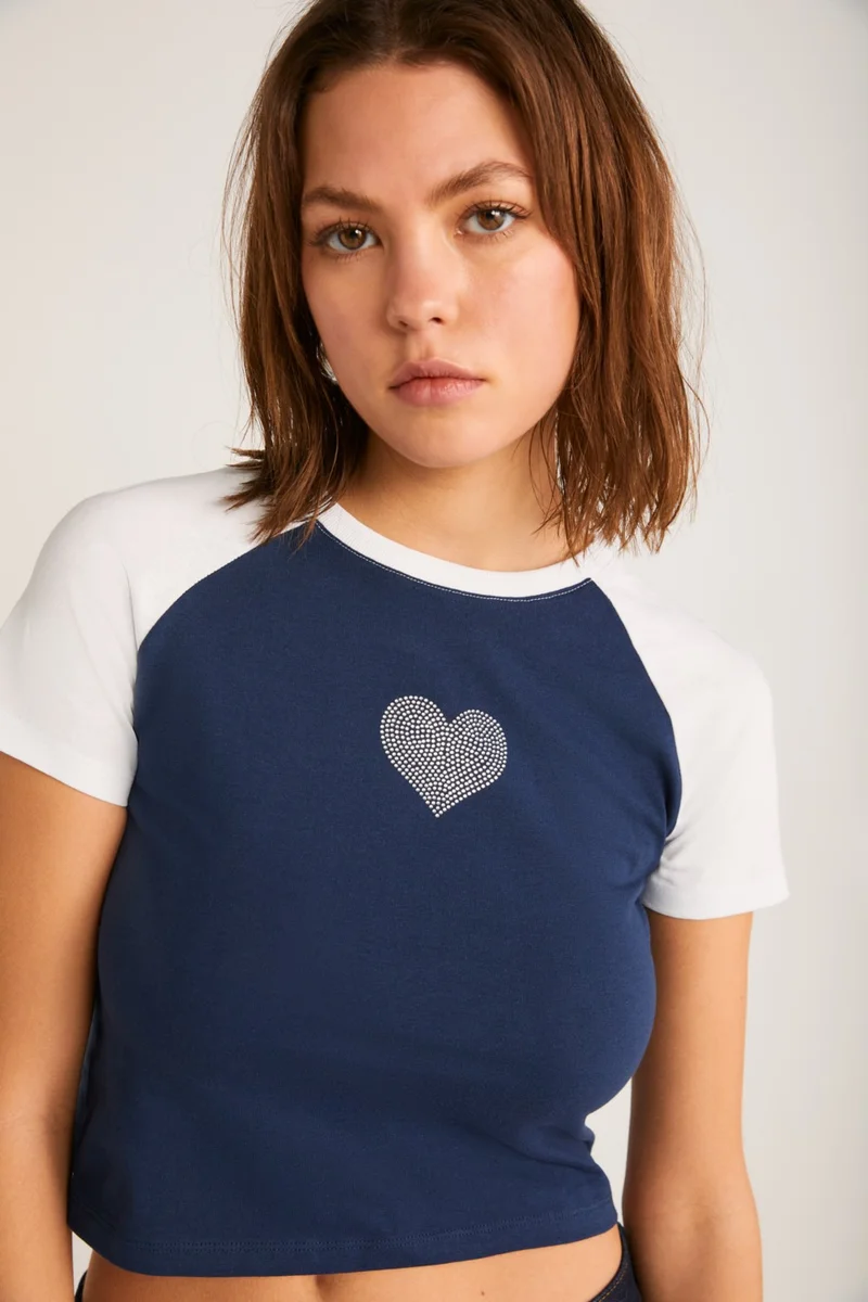 GRIMELANGE Vane Women's Cotton Short Sleeve Printed Crop Navy/white T-Shirt