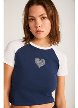 GRIMELANGE Vane Women's Cotton Short Sleeve Printed Crop Navy/white T-Shirt  - Image 4