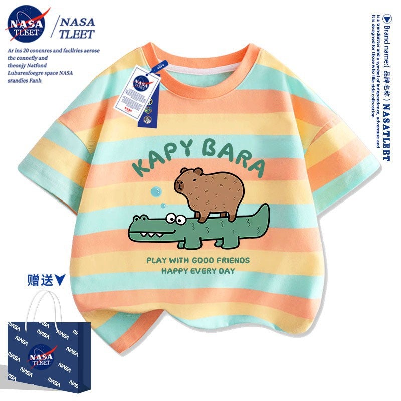 Nasa Joint Men'S And Women'S Children'S Wear Summer Casual Short Sleeve New Cartoon Anime Kapibala Print Fashionable T-Shirt - Image 3