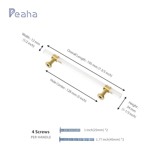 Peaha 10 Pack 5 Inch Acrylic Cabinet Pulls Gold Drawer Handles Brushed Brass Hardware Zinc Alloy for Dresser Cupboard Kitchen - Image 2