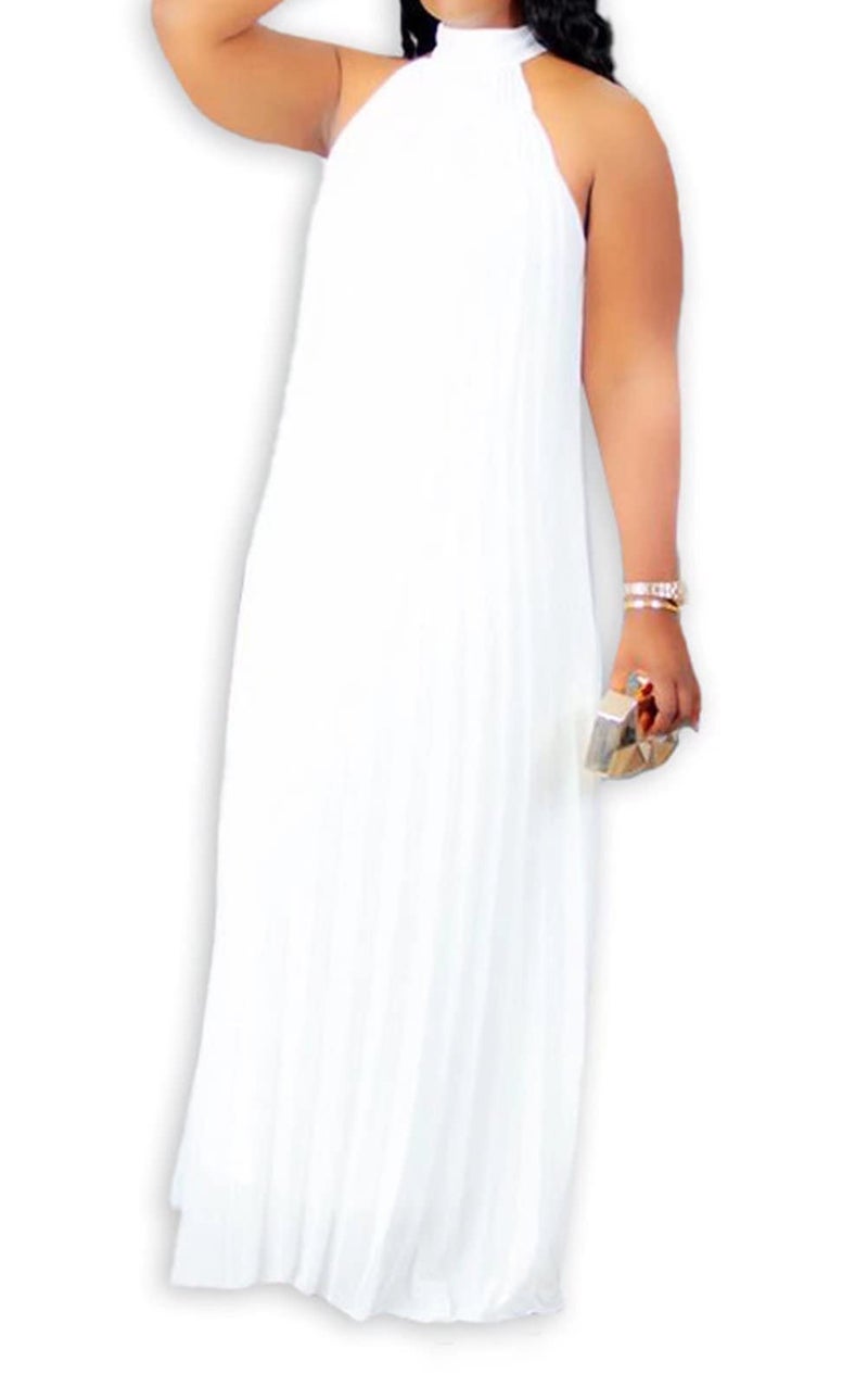 Aro Lora Womens Casual Sleeveless Plus Size Chiffon Halter Neck Pleated Loose Long Maxi Dress 4X-Large White - Image 2