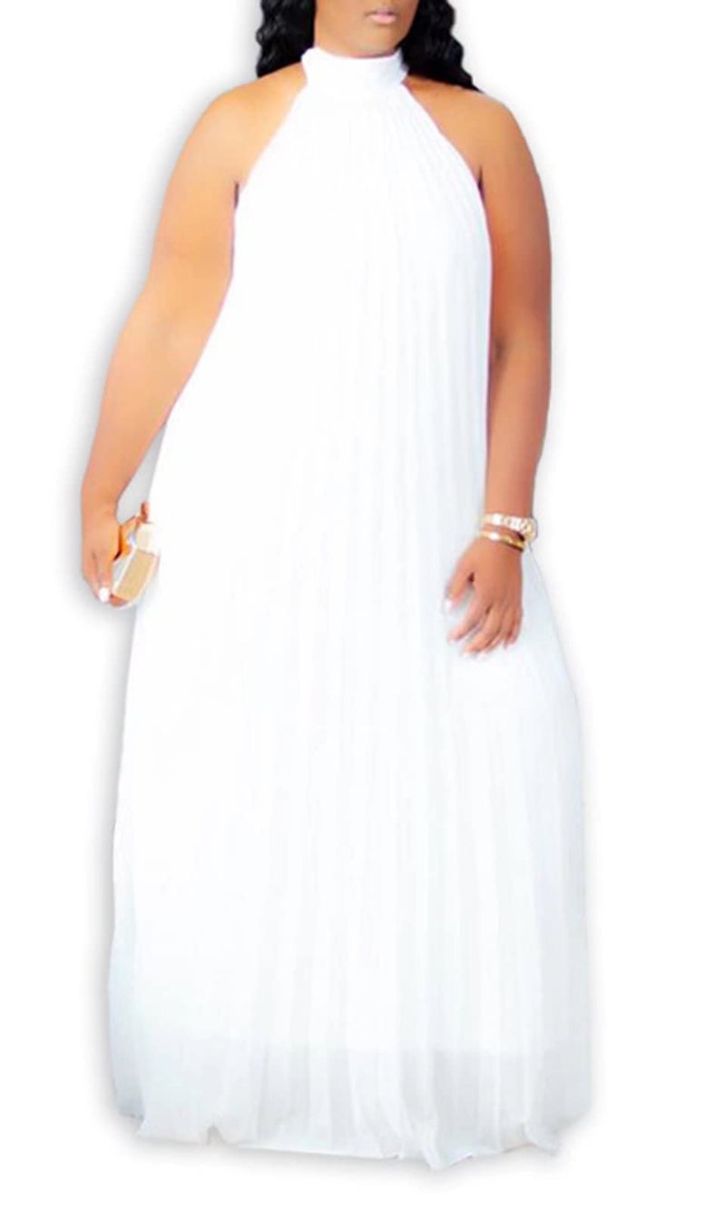 Aro Lora Womens Casual Sleeveless Plus Size Chiffon Halter Neck Pleated Loose Long Maxi Dress 4X-Large White - Image 1