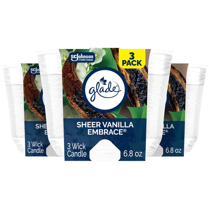 Glade Sheer Vanilla Embrace 3Wick Fragrance Candle Essential Oil Infused Air Freshener 68 Oz 3 Count