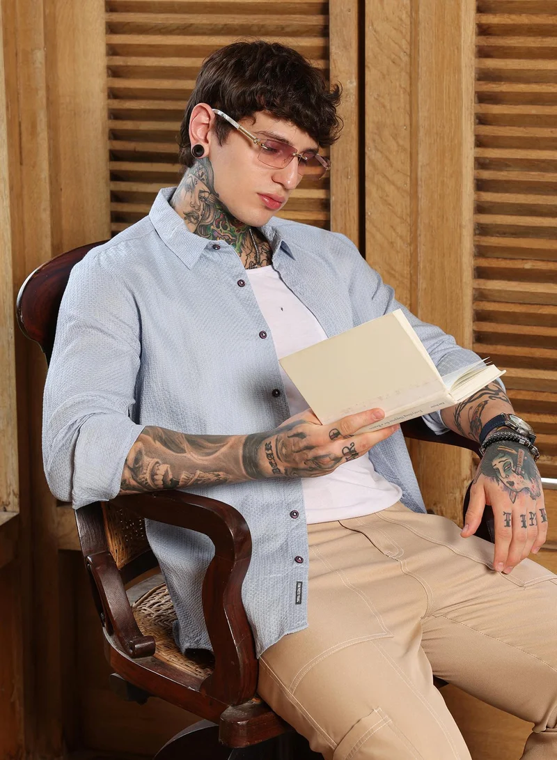 Campus Sutra Campus Sutra Men's Baby Blue Lattice-Woven Shirt | Regular Fit Full Sleeve Spread Collar Textured Design | Cotton Blend & Breathable Fabric For Casual & Semi-Formal Wear