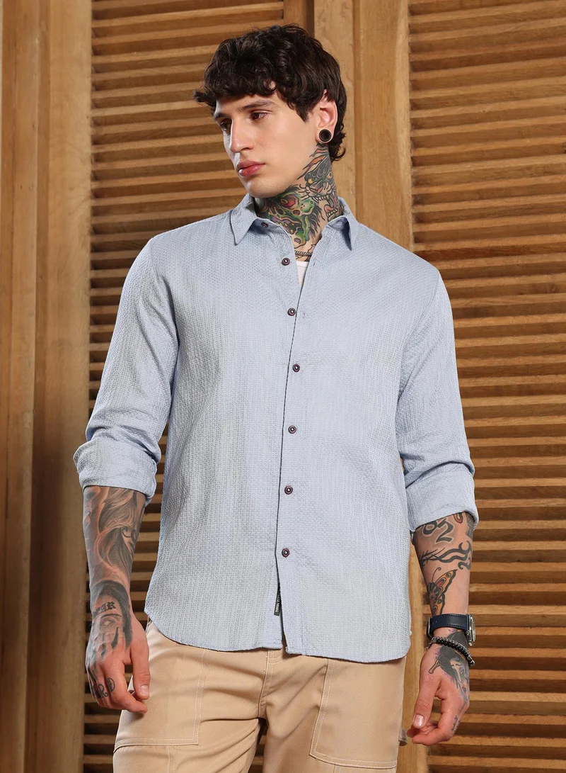 Campus Sutra Campus Sutra Men's Baby Blue Lattice-Woven Shirt | Regular Fit Full Sleeve Spread Collar Textured Design | Cotton Blend & Breathable Fabric For Casual & Semi-Formal Wear
