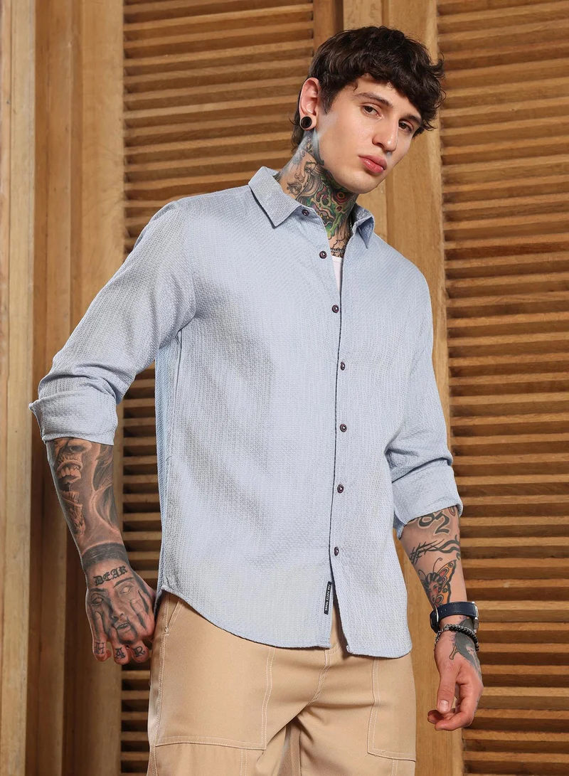 Campus Sutra Campus Sutra Men's Baby Blue Lattice-Woven Shirt | Regular Fit Full Sleeve Spread Collar Textured Design | Cotton Blend & Breathable Fabric For Casual & Semi-Formal Wear