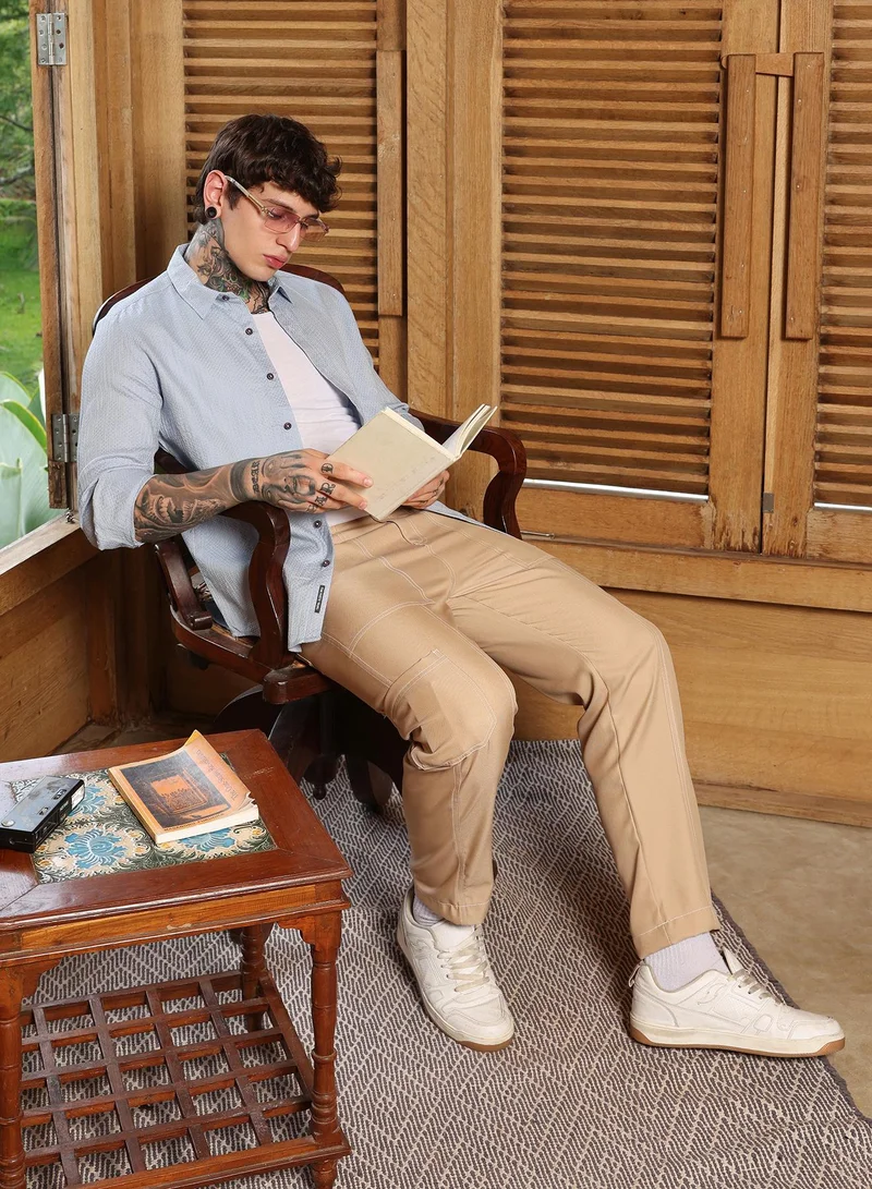 Campus Sutra Campus Sutra Men's Baby Blue Lattice-Woven Shirt | Regular Fit Full Sleeve Spread Collar Textured Design | Cotton Blend & Breathable Fabric For Casual & Semi-Formal Wear