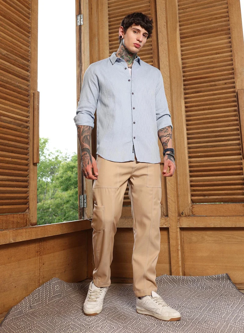 Campus Sutra Campus Sutra Men's Baby Blue Lattice-Woven Shirt | Regular Fit Full Sleeve Spread Collar Textured Design | Cotton Blend & Breathable Fabric For Casual & Semi-Formal Wear