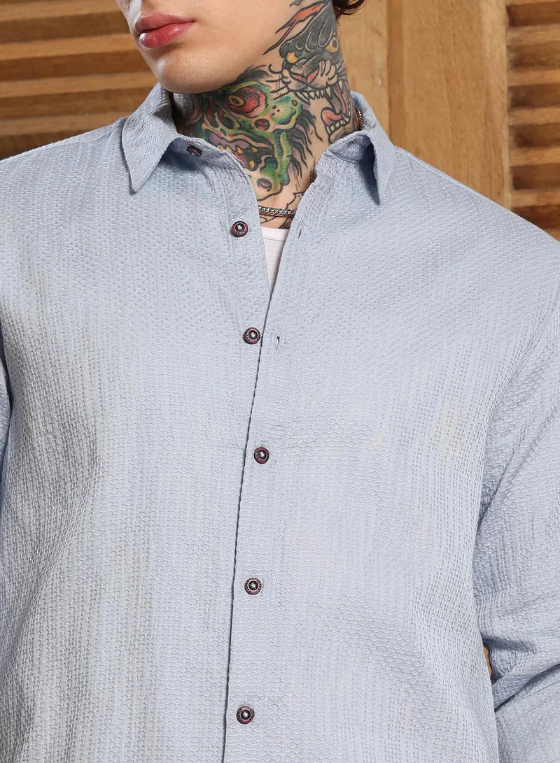 Campus Sutra Campus Sutra Men's Baby Blue Lattice-Woven Shirt | Regular Fit Full Sleeve Spread Collar Textured Design | Cotton Blend & Breathable Fabric For Casual & Semi-Formal Wear