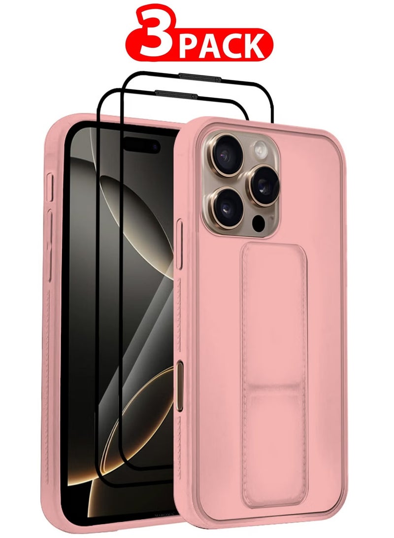 ELTRAZONE 3-Pack Premium PU Leather Case & Screen Protectors for iPhone 16 Pro Max – Shockproof, Anti-Scratch, Stand Function, Finger Grip Case Cover (Pink) - Image 1