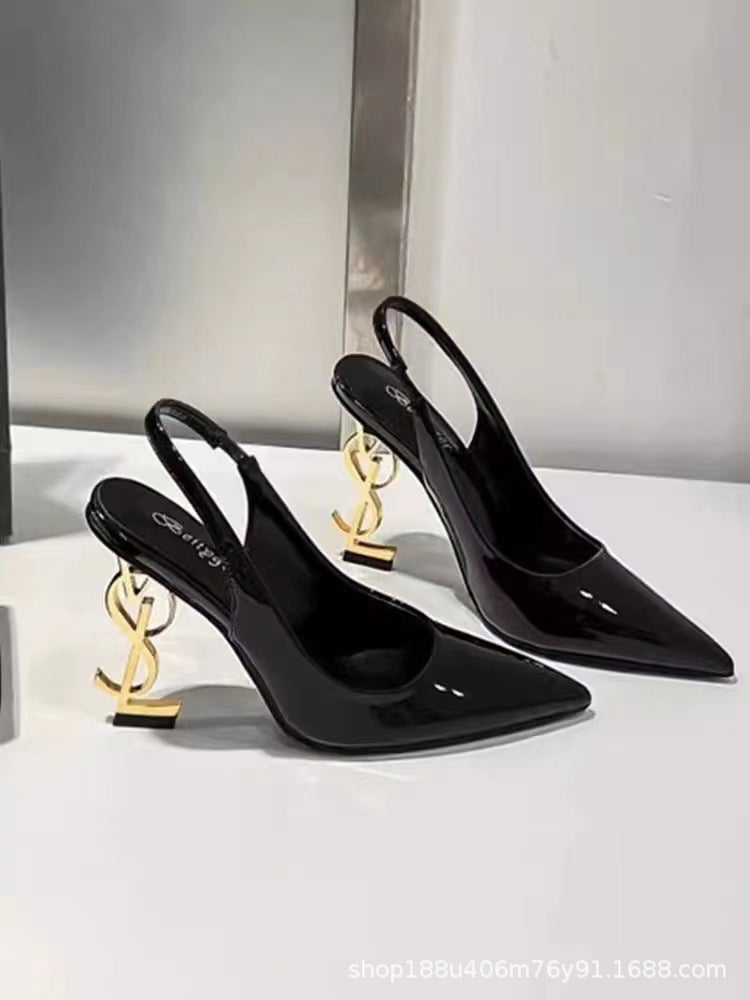 [Ready Stock] Letter Heel Black Women'S High Heel Stiletto New Women'S Sandals Niche Toe Pointed Toe Shoes - Image 1
