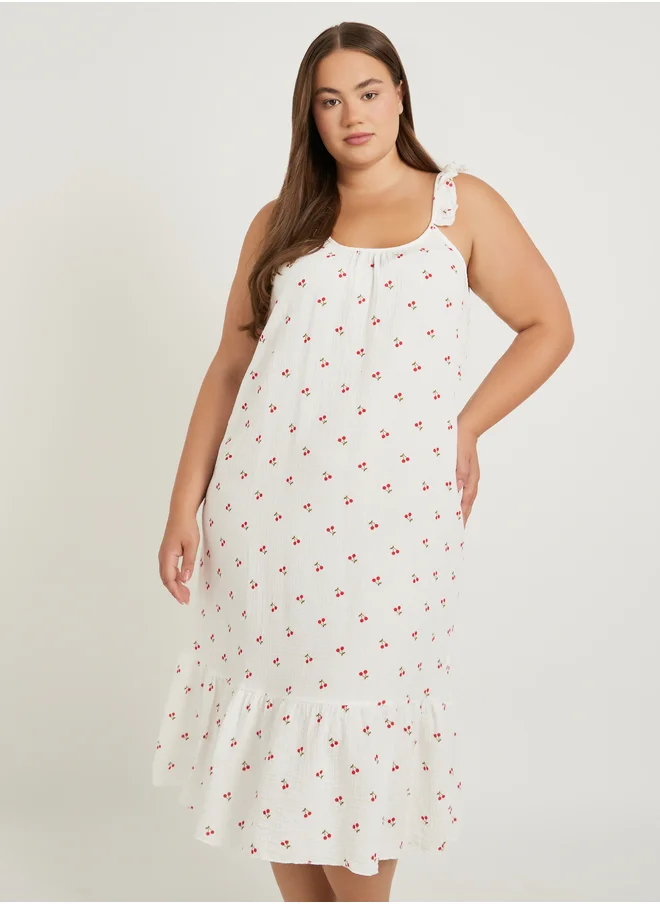 ستايلي Plus Size Cherry Print Cotton Gauze Ruffle Trim Slip Dress