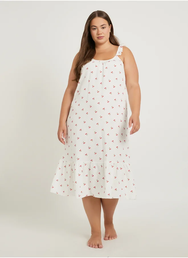 ستايلي Plus Size Cherry Print Cotton Gauze Ruffle Trim Slip Dress