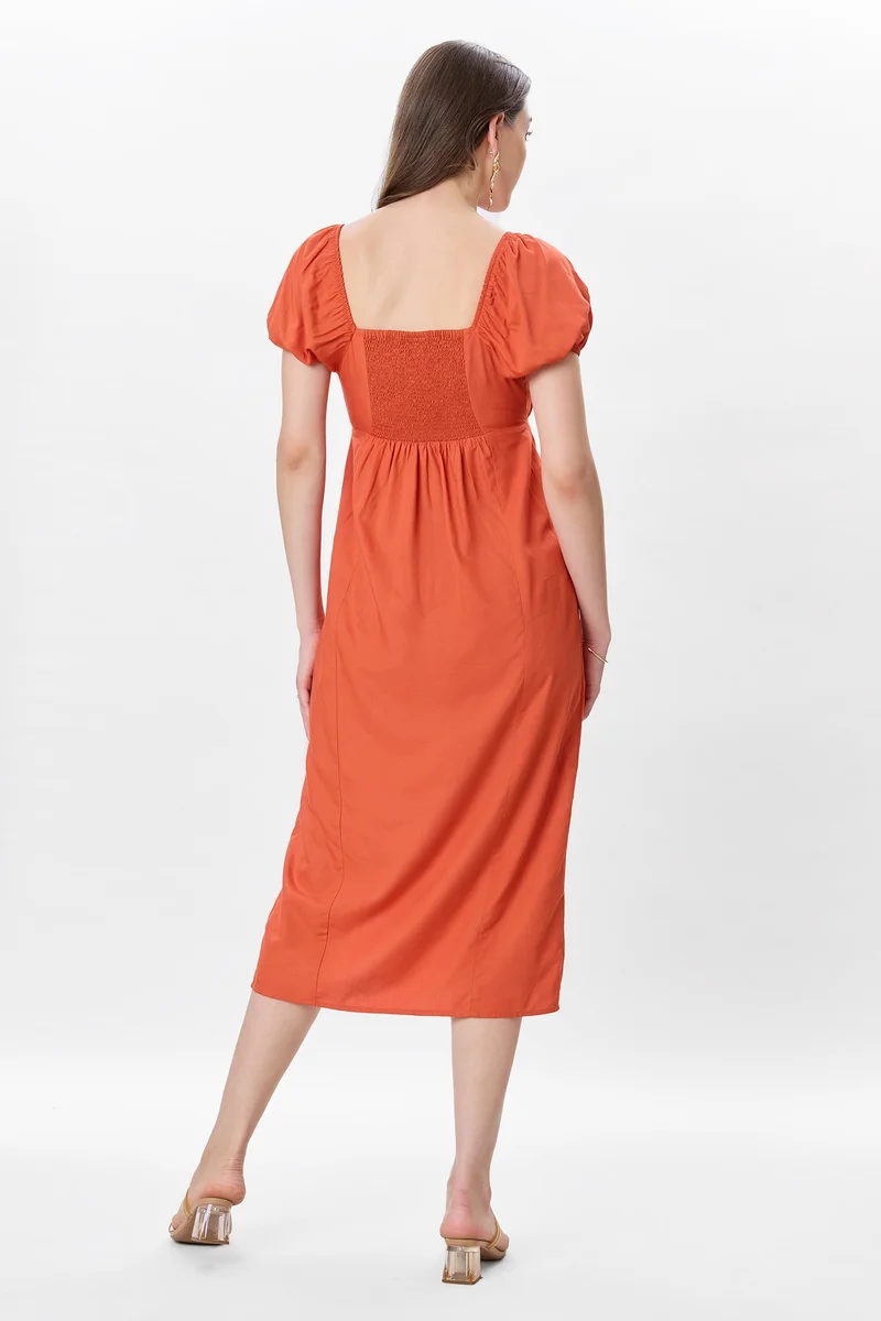 Virgio Rust Abstract Viscose Puff Sleeve Dress for Women for Women | Best Price UAE