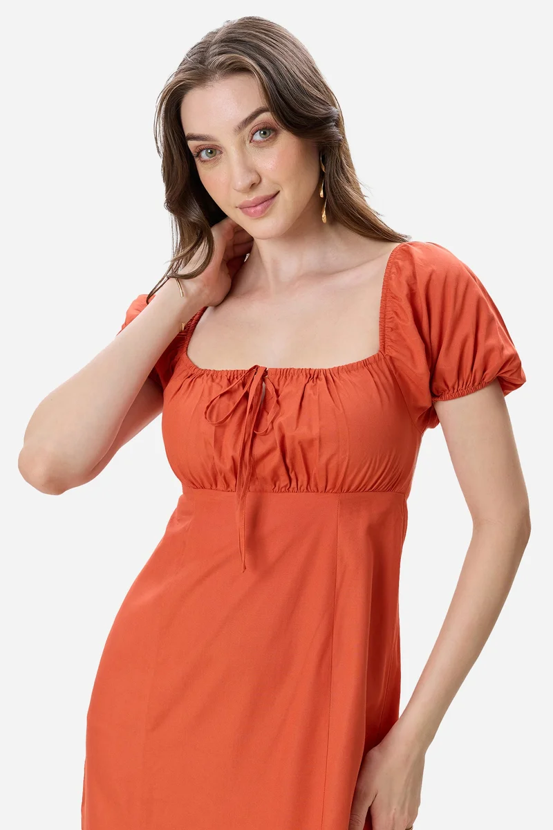 Virgio Rust Abstract Viscose Puff Sleeve Dress for Women for Women | Best Price UAE