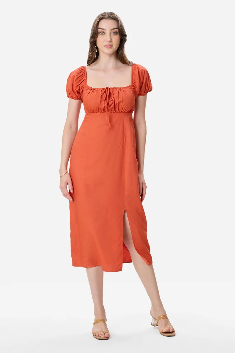 Virgio Rust Abstract Viscose Puff Sleeve Dress for Women for Women | Best Price UAE