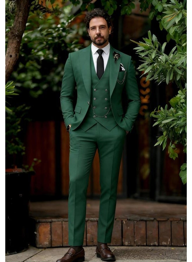Wangyue Mens 3 Piece Slim Fit One Button Blazer Vest Pants Formal Business Wedding Prom Suit, Hunting Green, M - Image 4
