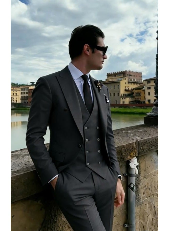 Wangyue Mens 3 Piece Slim Fit One Button Blazer Vest Pants Formal Business Wedding Prom Suit, Hunting Green, M - Image 2